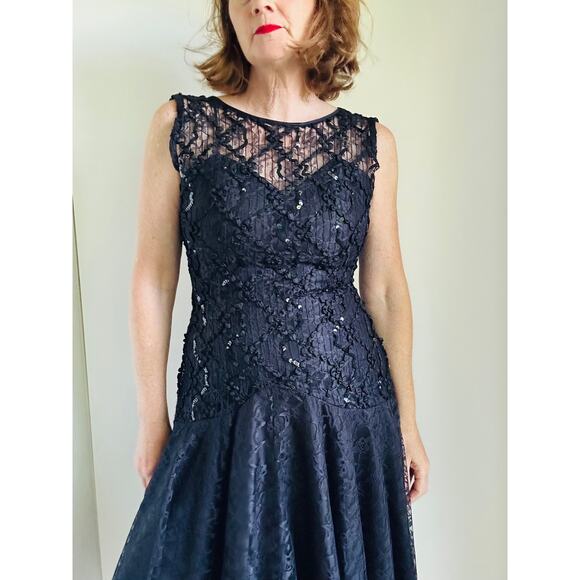 Vintage 80s Formal Party Dress Black Lace Sequin Midi Fit Size Medium Fitted - Picture 6 of 12